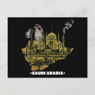 Saudi Arabia Falcon and Mosque Gold Map Arabian  Postcard