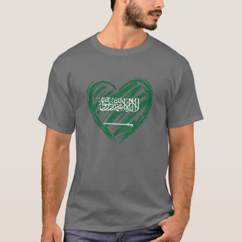 Saudi Arabia Flag Heart In Hand Drawing For Saudis T_Shirt