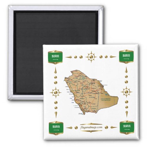 Saudi Arabia Map  Flags Magnet