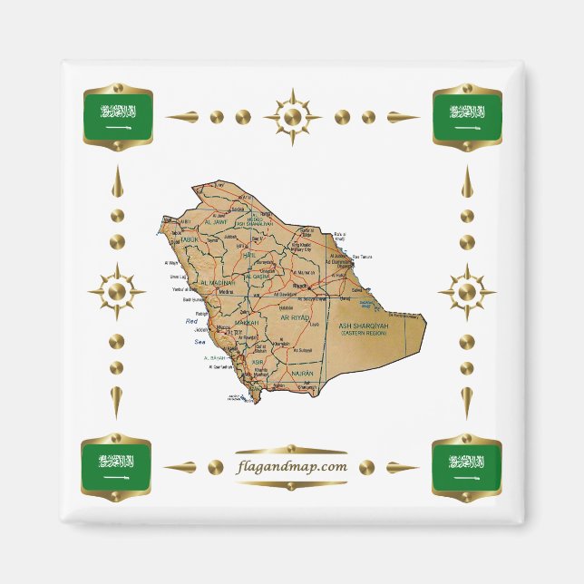 Saudi Arabia Map + Flags Magnet (Front)