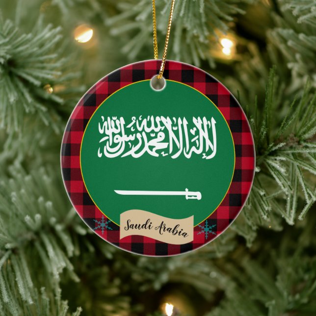 Saudi Arabia, Red buffalo plaid & Saudi Flag Ceramic Ornament (Tree)