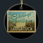 Saugatuck Beach Vintage Travel Ceramic Ornament<br><div class="desc">This Greetings From Saugatuck vintage postcard design features a sandy beach with a beautiful turquoise ocean water and above the sea,  a blue sky with billowy white clouds. In vintage travels style.</div>