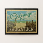 Saugatuck Beach Vintage Travel Jigsaw Puzzle<br><div class="desc">This Greetings From Saugatuck vintage postcard design features a sandy beach with a beautiful turquoise ocean water and above the sea,  a blue sky with billowy white clouds. In vintage travels style.</div>