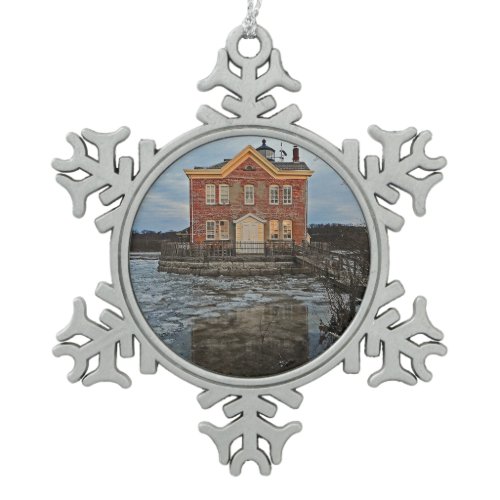 Saugerties Lighthouse in Winter Snowflake Pewter Christmas Ornament