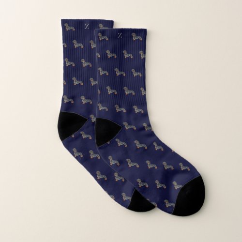 Sausage Dachshund Dog Monogrammed Initial Blue Socks