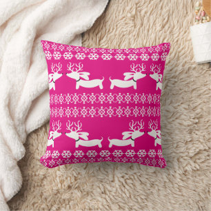  Sausage Dog Fair Isle Holiday Doxie Decor Pink  Throw Pillow
