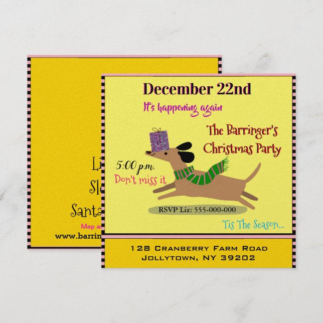 Sausage Dog Happy Christmas Party Invitation (Front/Back)