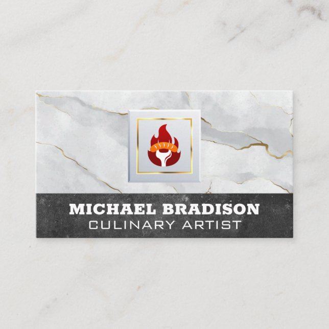 Sausage on Fork and Flame Logo | Marble Business Card (Front)