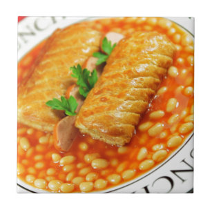 Sausage rolls and baked beans ceramic tile