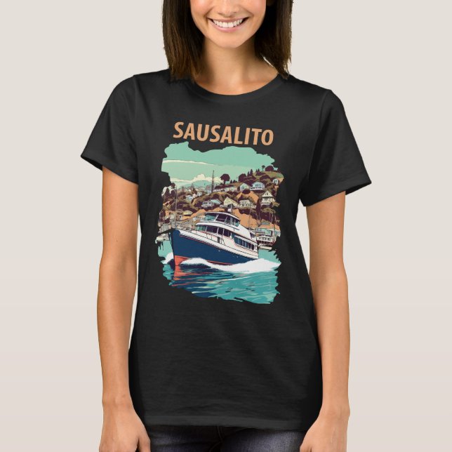 Sausalito California Harbor Retro Travel T-Shirt (Front)
