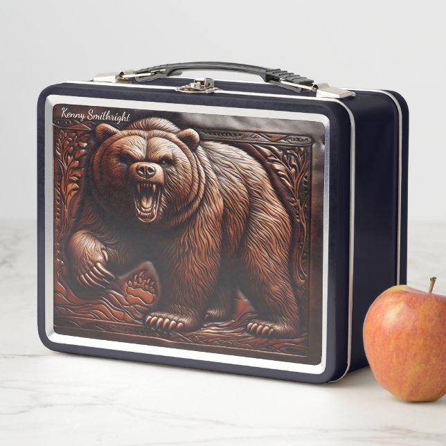 Savage Elegance: Embossed Leather Grizzly Metal Lunch Box (In Situ)