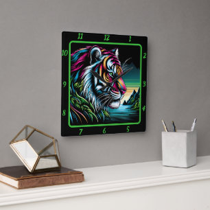 Savage Neon Tiger Artwork Square Wall Clock