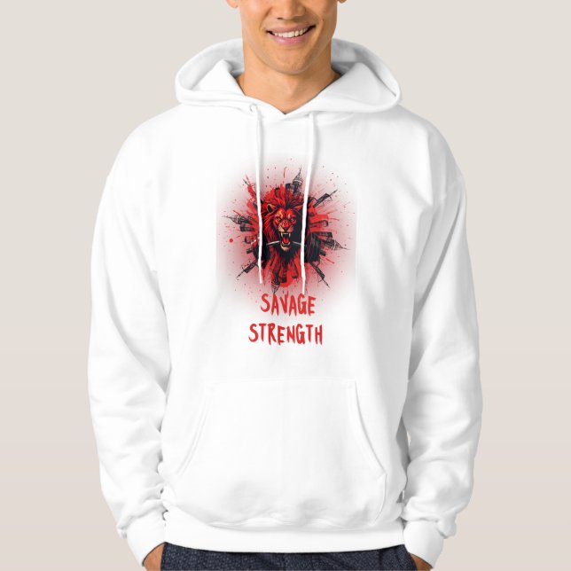 Savage Strength – Roaring Red Lion with Barbell Gy Hoodie (Front)