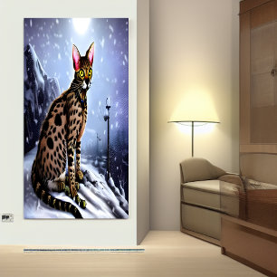 Savannah cat in the snowy mountain AI Art Poster