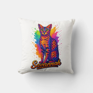 Savannah Cat Pop Art – Vibrant Neon Splash Design Throw Pillow