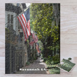Savannah GA Flag Lined E Jones St Photographic Jigsaw Puzzle<br><div class="desc">This photographic jigsaw puzzle features patriotic, flag-lined 100th block of East Jones Street in historic downtown Savannah, Georgia. Renowned for its historic homes with raised front entrances, a picturesque red brick street shaded by Spanish Moss draped trees and American flags, this block is often said to be the most patriot...</div>