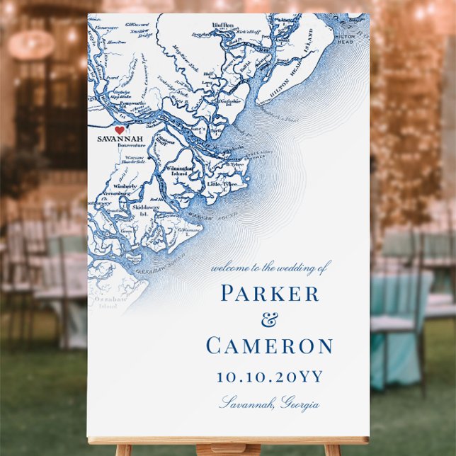 Savannah GA Map Navy Blue Wedding Welcome Sign (Savannah GA map Wedding Welcome Sign in elegant navy blue by Coastal Map Designs)