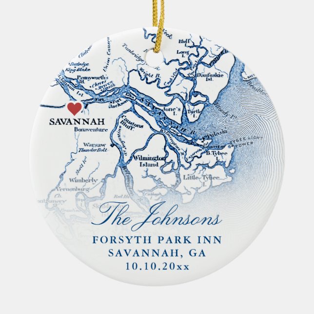 Savannah GA Map Wedding Photo Christmas Ceramic Ornament (Front)