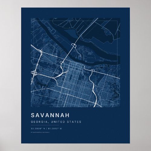 Savannah GA Navy Blue City Map Art Print