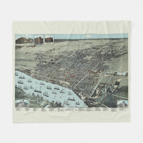 Savannah Georgia 1891 Birds Eye View Vintage Map Fleece Blanket