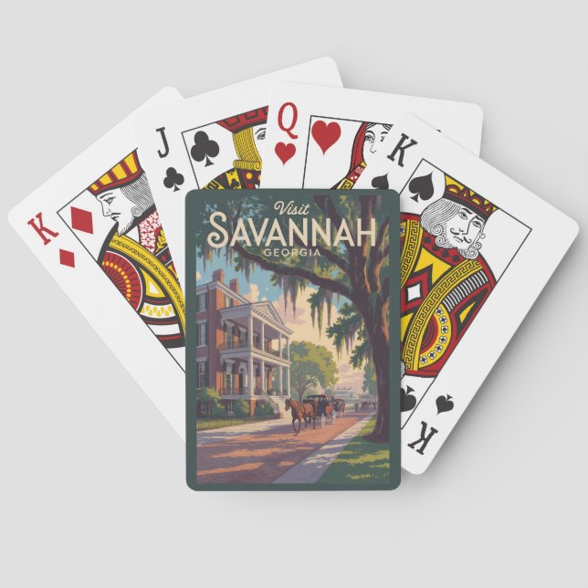 Savannah Georgia Horse Carriage Illustration Retro Poker Cards (Back)