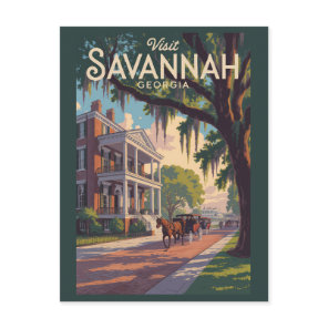 Savannah Georgia Horse Carriage Illustration Retro Postcard
