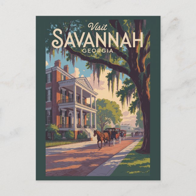 Savannah Georgia Horse Carriage Illustration Retro Postcard (Front)