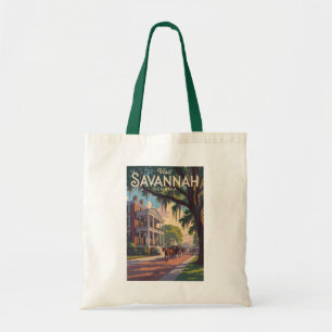 Savannah Georgia Horse Carriage Illustration Retro Tote Bag
