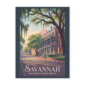 Savannah Georgia Illustration Travel Art Vintage Postcard