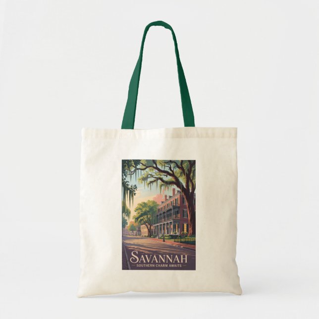 Savannah Georgia Illustration Travel Art Vintage Tote Bag (Front)