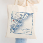 Savannah Georgia  Map Elegant Navy Blue Wedding Tote Bag<br><div class="desc">Embrace Savannah's charm with our personalized wedding tote bags, featuring a sophisticated navy blue map of the coast of Georgia with a heart over Savannah. Share the essence of iconic venues like Forsyth Park Inn, The Mackey House, The Gingerbread House, The Olde Pink House, and Savannah Station. Treat your guests...</div>