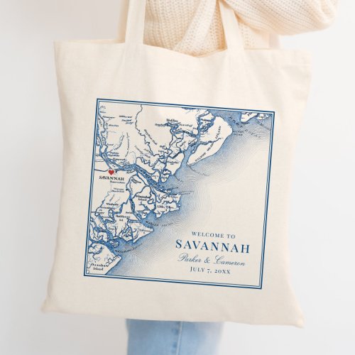 Savannah Georgia  Map Elegant Navy Blue Wedding Tote Bag
