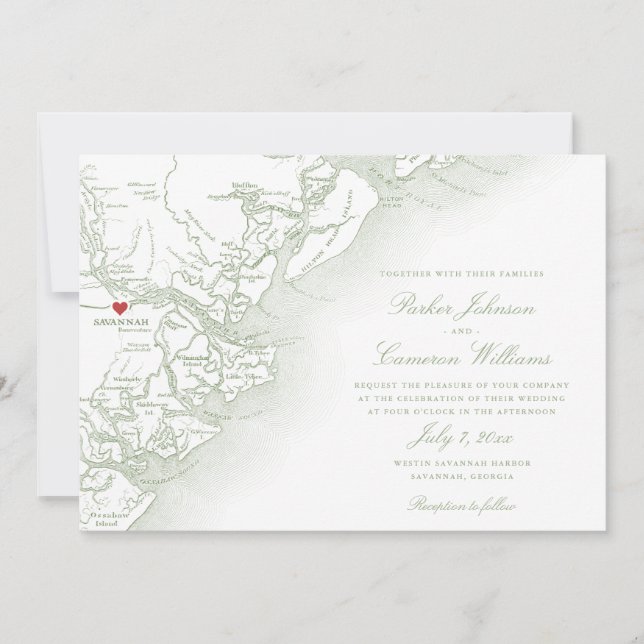 Savannah Georgia Map Elegant Sage Green Wedding Invitation (Front)