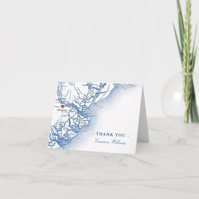 Savannah Georgia Map Navy Blue Personalized Thank You Card (Front)