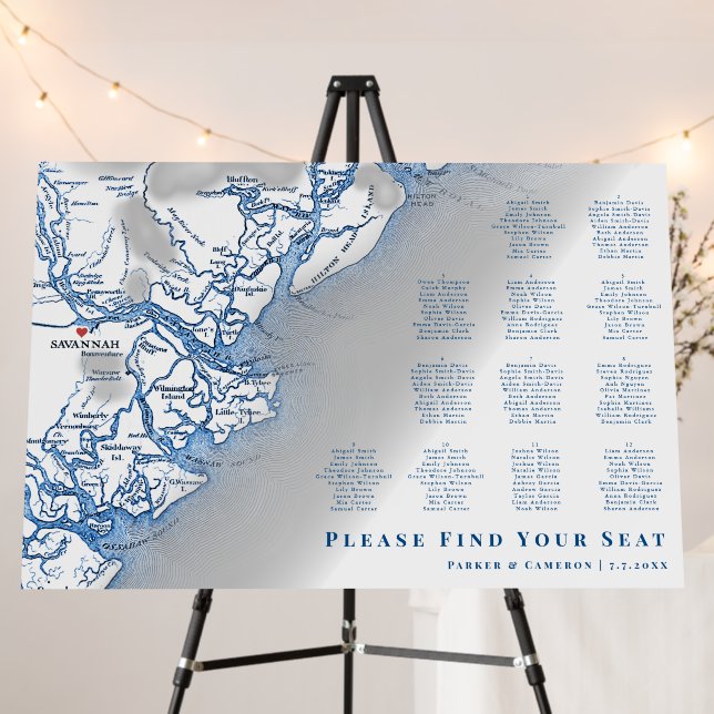 Savannah Georgia Map Navy Wedding Seating Chart Foam Board (In Situ (Stand))