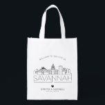 Savannah, Georgia Wedding | Stylized Skyline  Grocery Bag<br><div class="desc">A unique wedding bag for a wedding taking place in the beautiful city of Savannah,  Georgia.  This bag features a stylized illustration of the city's unique skyline with its name underneath.  This is followed by your wedding day information in a matching open-lined style.</div>