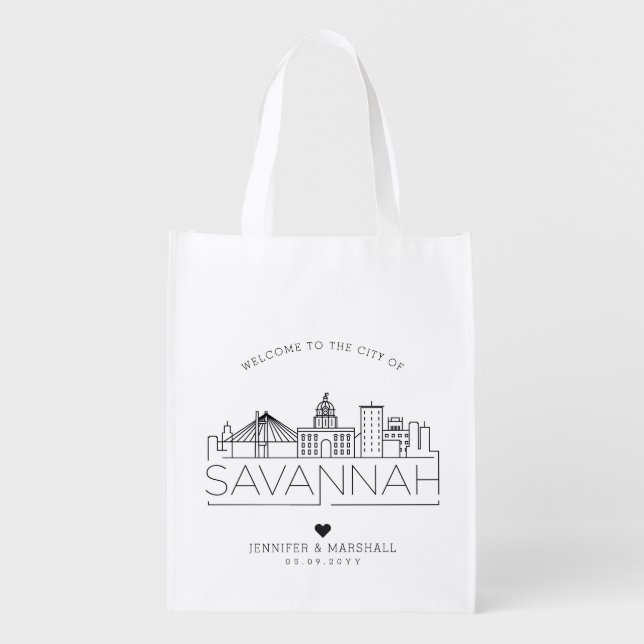 Savannah, Georgia Wedding | Stylized Skyline  Grocery Bag (Front)