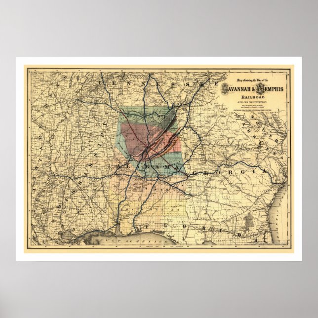 Savannah & Memphis Railroad Map 1872 Poster (Front)