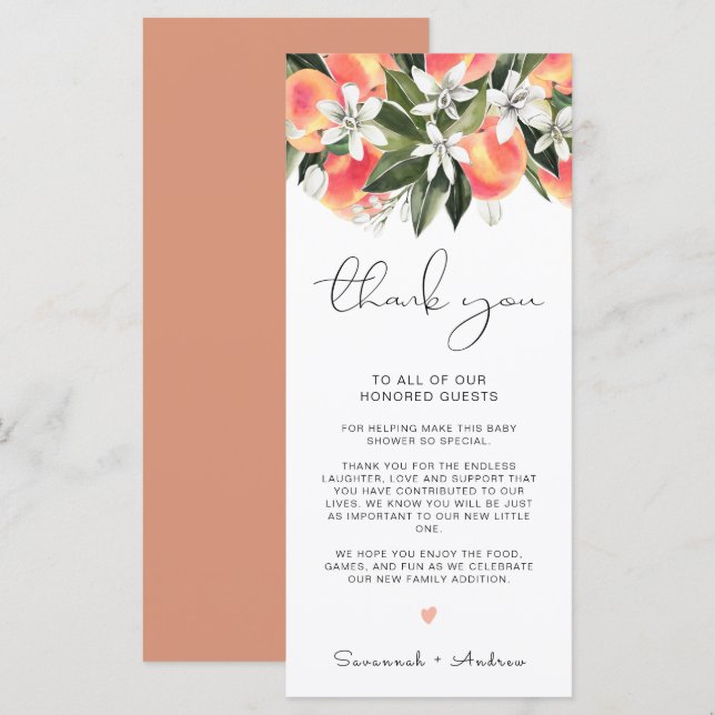 SAVANNAH Peach Baby Shower Table Thank You Card (Front/Back)