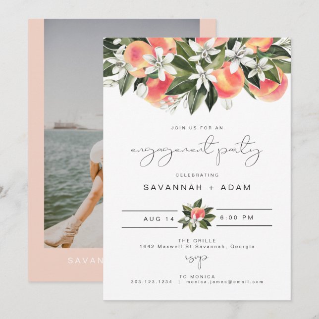  SAVANNAH Peach Botanical Floral Engagement Party Invitation (Front/Back)