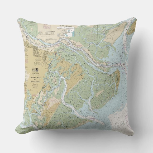 Savannah River and Wassaw Sound Nautical Chart Throw Pillow (Front)