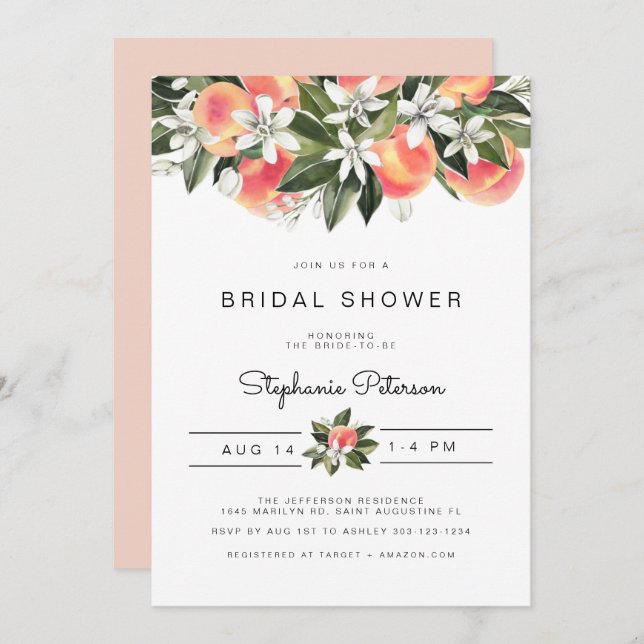 Savannah - Watercolor Peach Floral Bridal Shower Invitation (Front/Back)