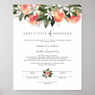 Savannah - Watercolor Peaches Marriage Certificate Poster