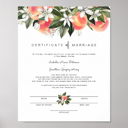 Savannah _ Watercolor Peaches Marriage Certificate Poster