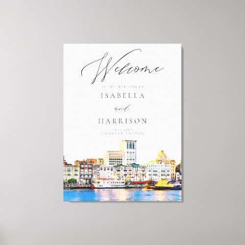 SAVANNAH Watercolor Skyline Wedding Welcome Canvas Print