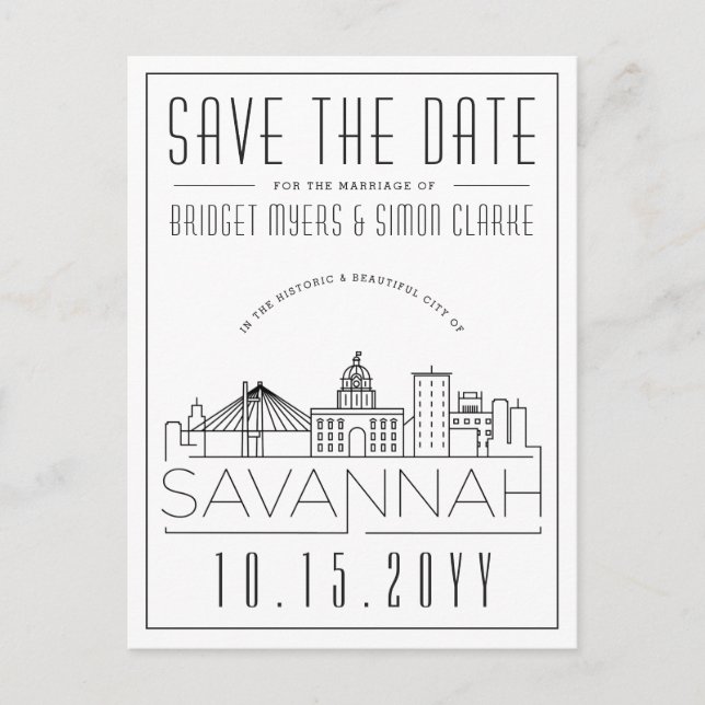 Savannah Wedding | Stylized Skyline Save the Date Postcard (Front)