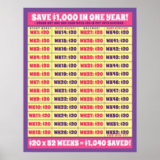 Save $1,000 in One Year! Money Goals Pink & Purple
