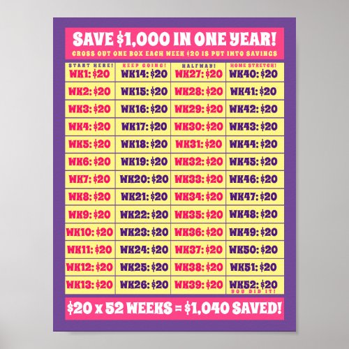 Save 1000 in One Year Money Goals Pink  Purple Poster