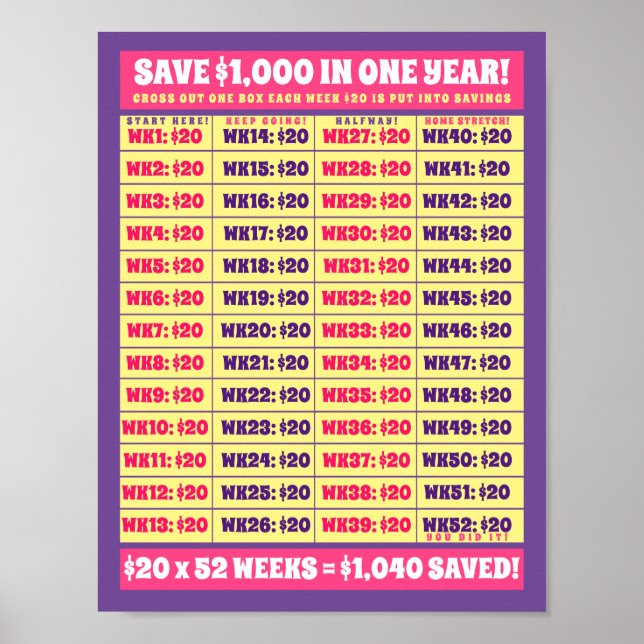 Save $1,000 in One Year! Money Goals Pink & Purple Poster (Front)