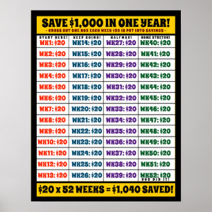 Save $1,000 in One Year! Money Goals Poster